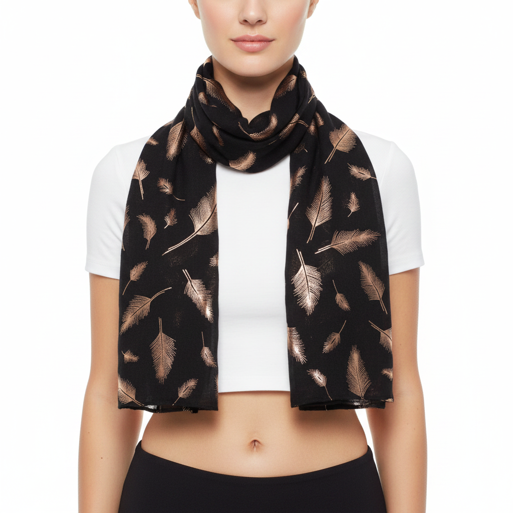 A scarf with rose gold foil feather print, draped and displayed on a plain background.