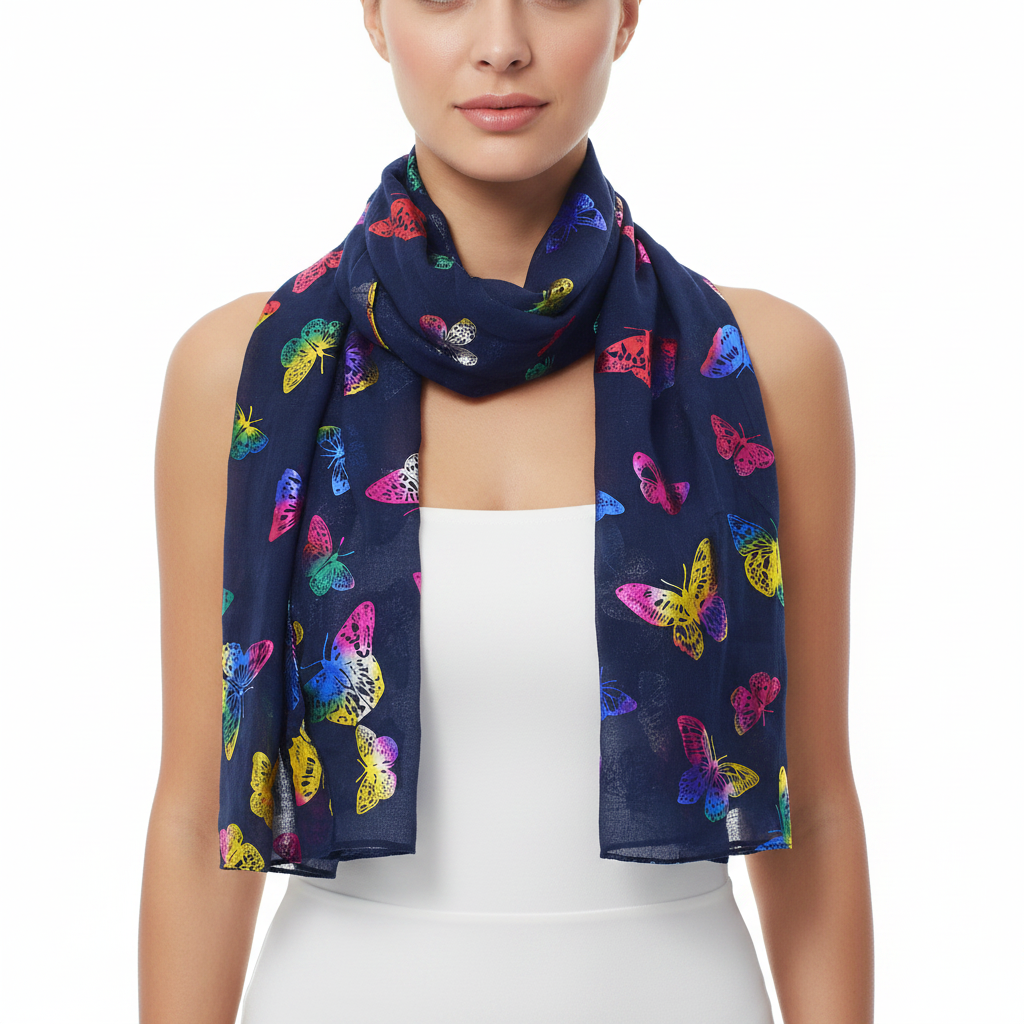 A navy scarf with a pattern of large multicolored butterflies.