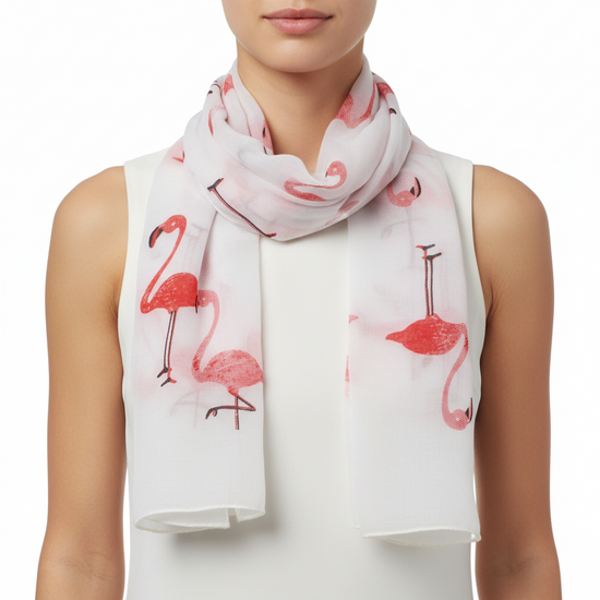 White Large Flamingo Printed Scarf