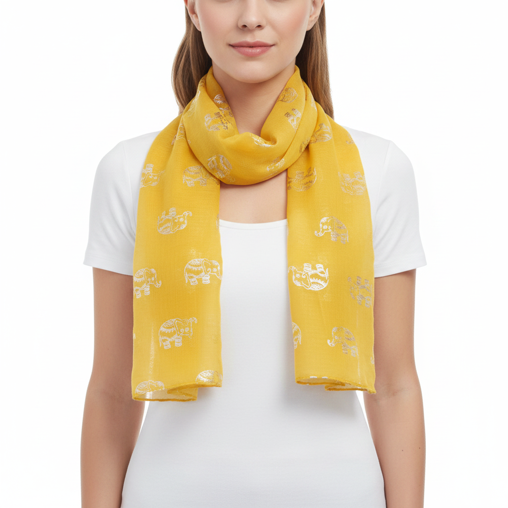 A woman wearing a bright yellow scarf with a repeating metallic gold elephant pattern, styled over a white t-shirt against a plain white background.