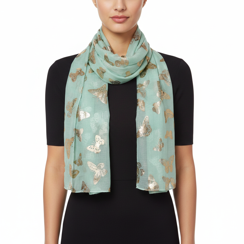 A green scarf with large gold foil butterfly patterns.