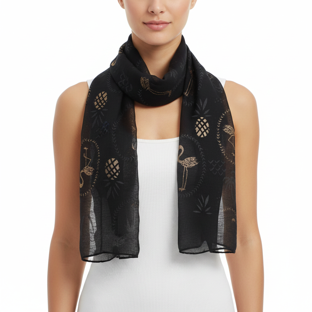 A black scarf with gold glitter flamingos and pineapple patterns.