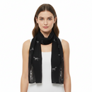 A black scarf with silver glitter horse patterns spread out across it, displayed on a white background.