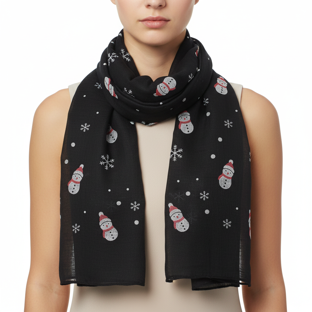 A black scarf with a pattern of snowflakes and snowmen.