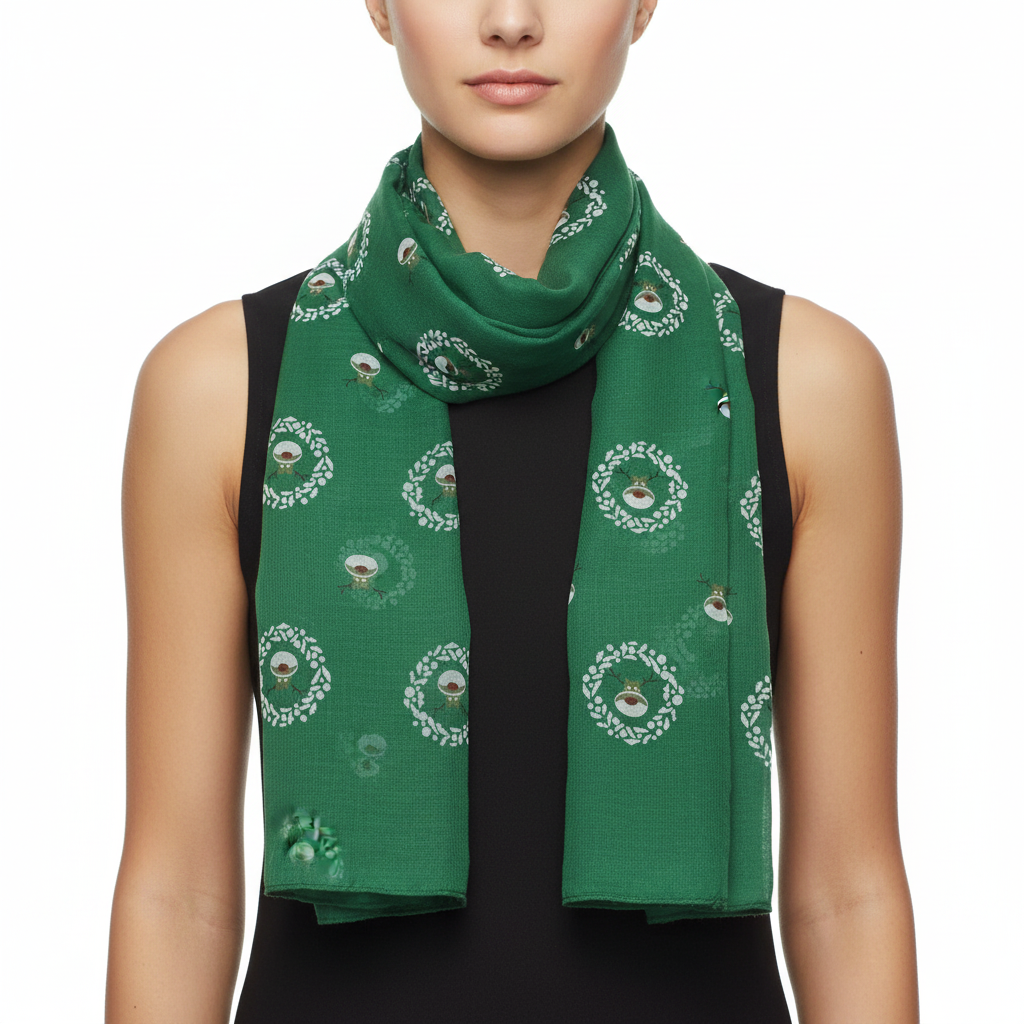 A green scarf with a printed pattern featuring what appears to be reindeer and foliage.
