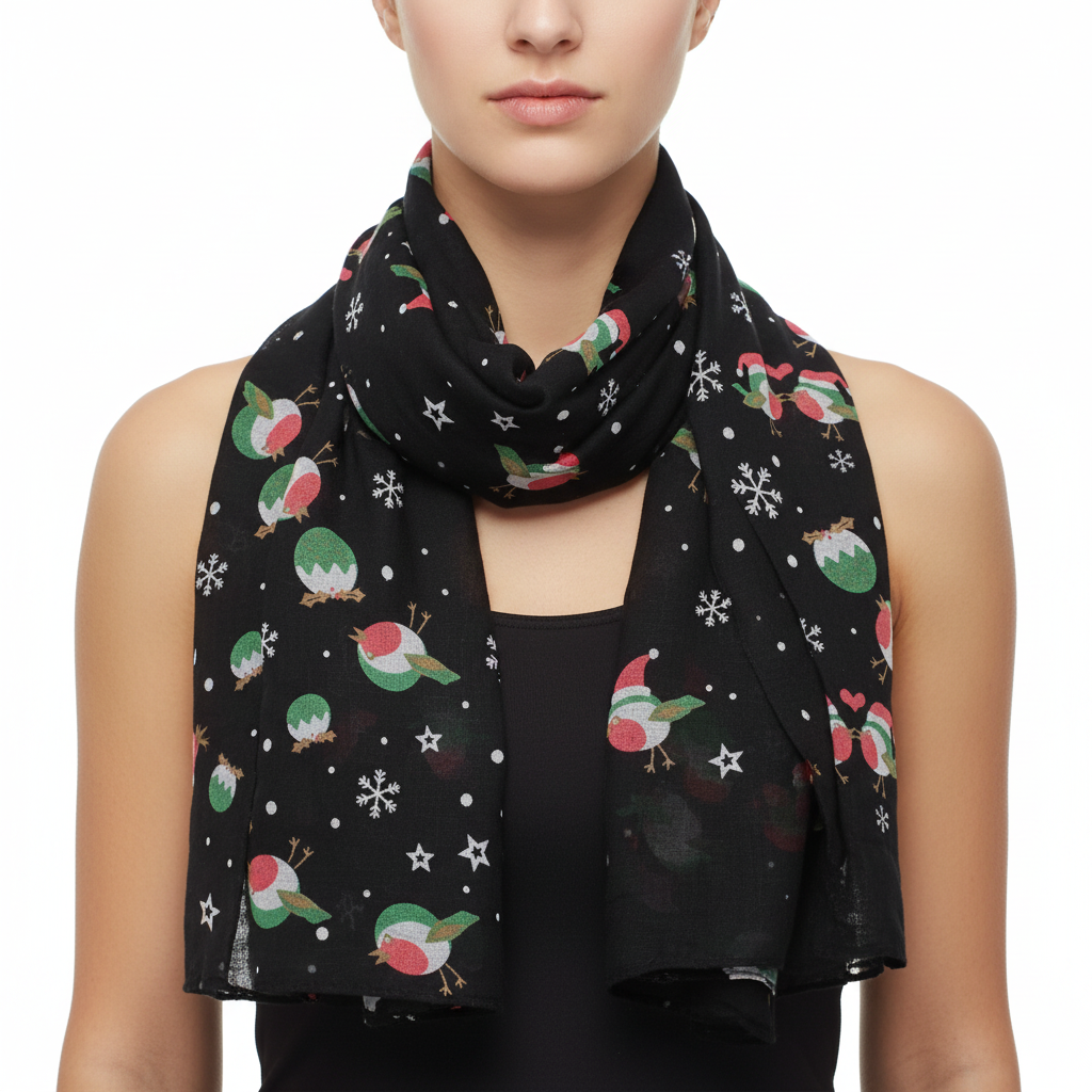 A black scarf with a pattern of robins, stars, and snowflakes.