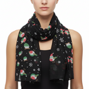 A black scarf with a pattern of robins, stars, and snowflakes.