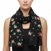 A black scarf with a pattern of robins, stars, and snowflakes.