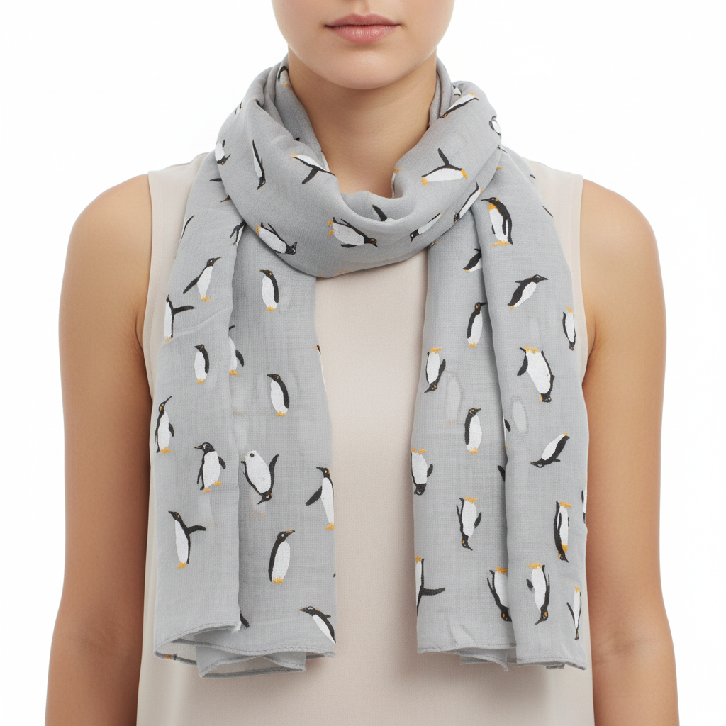 A gray scarf with mini penguin patterns spread out on it, displayed in a loose, casual style against a white background.