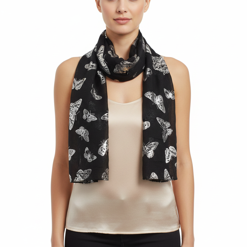 A black scarf with a pattern of silver foil butterflies.