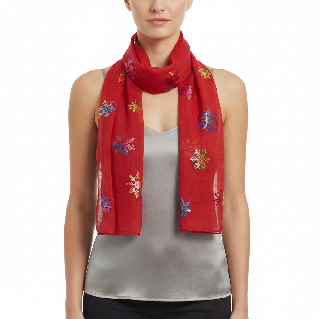 A red scarf with multicolored foil snowflake patterns.