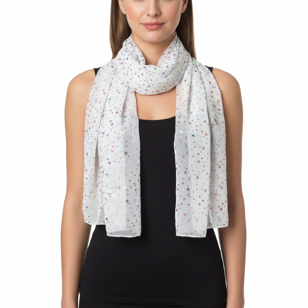 A woman wearing a lightweight white scarf with a scattered multicolor dot pattern, styled over a black sleeveless top against a plain white background.