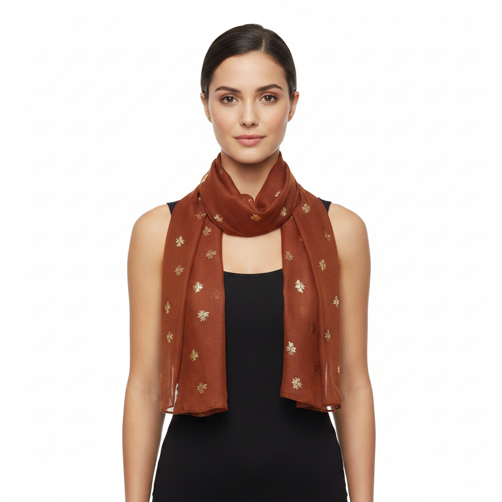 A brown scarf with gold foil printed bees, displayed on a plain background.