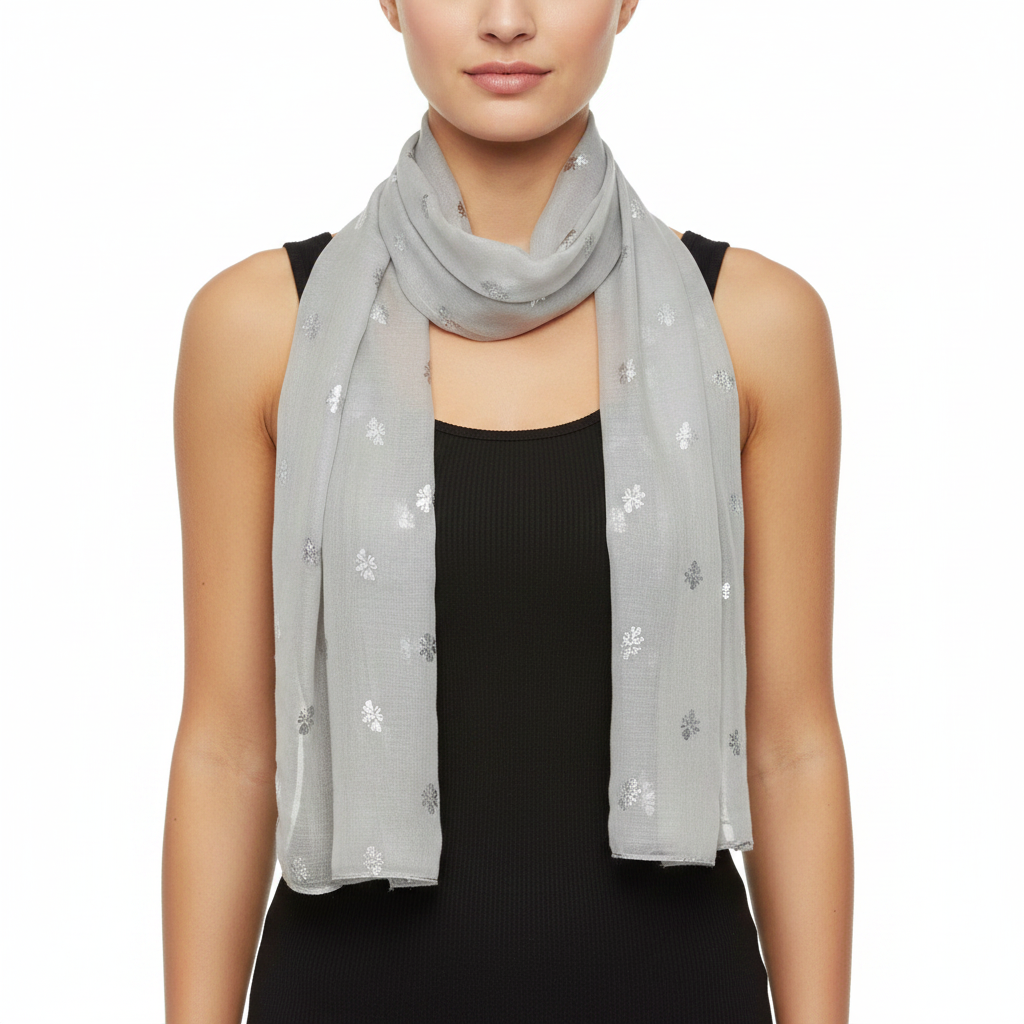 A gray scarf with silver foil bees printed throughout, displayed on a plain background.