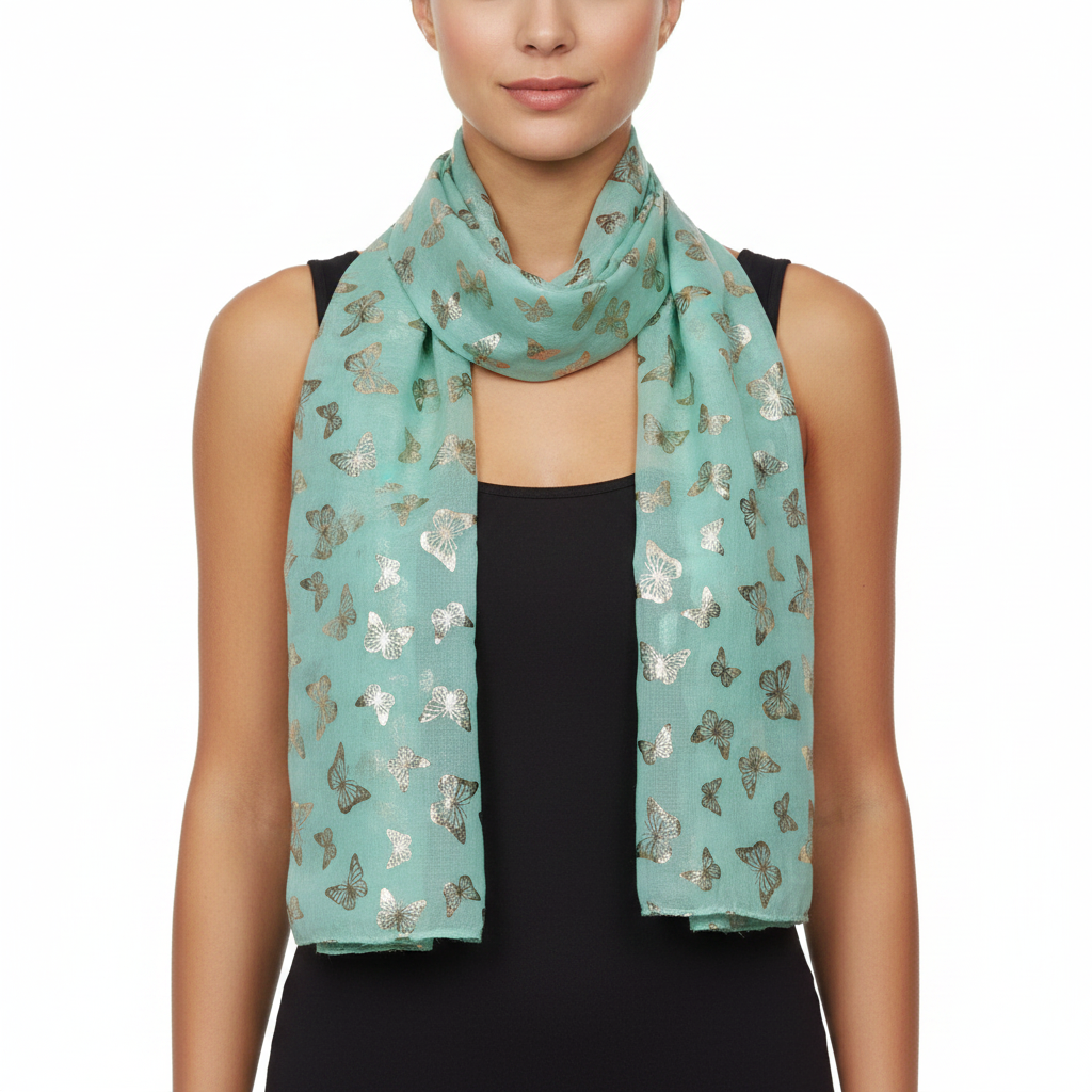 A green scarf with a pattern of mini gold foil butterflies.