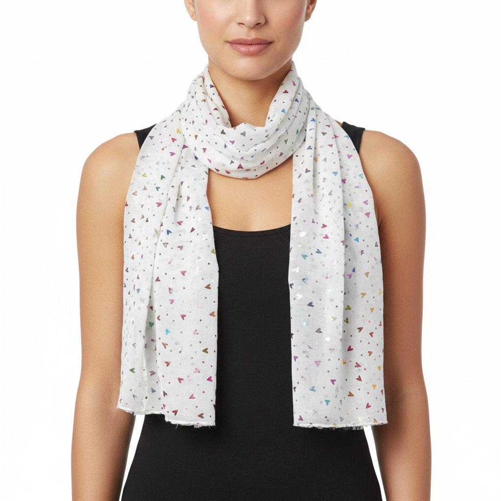 A white scarf with a multicolored dot pattern, displayed on a plain background.