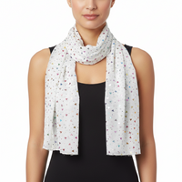 A white scarf with a multicolored dot pattern, displayed on a plain background.