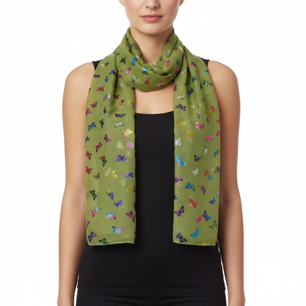 A green scarf with a pattern of multi-colored butterfly prints.