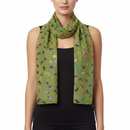 A green scarf with a pattern of multi-colored butterfly prints.