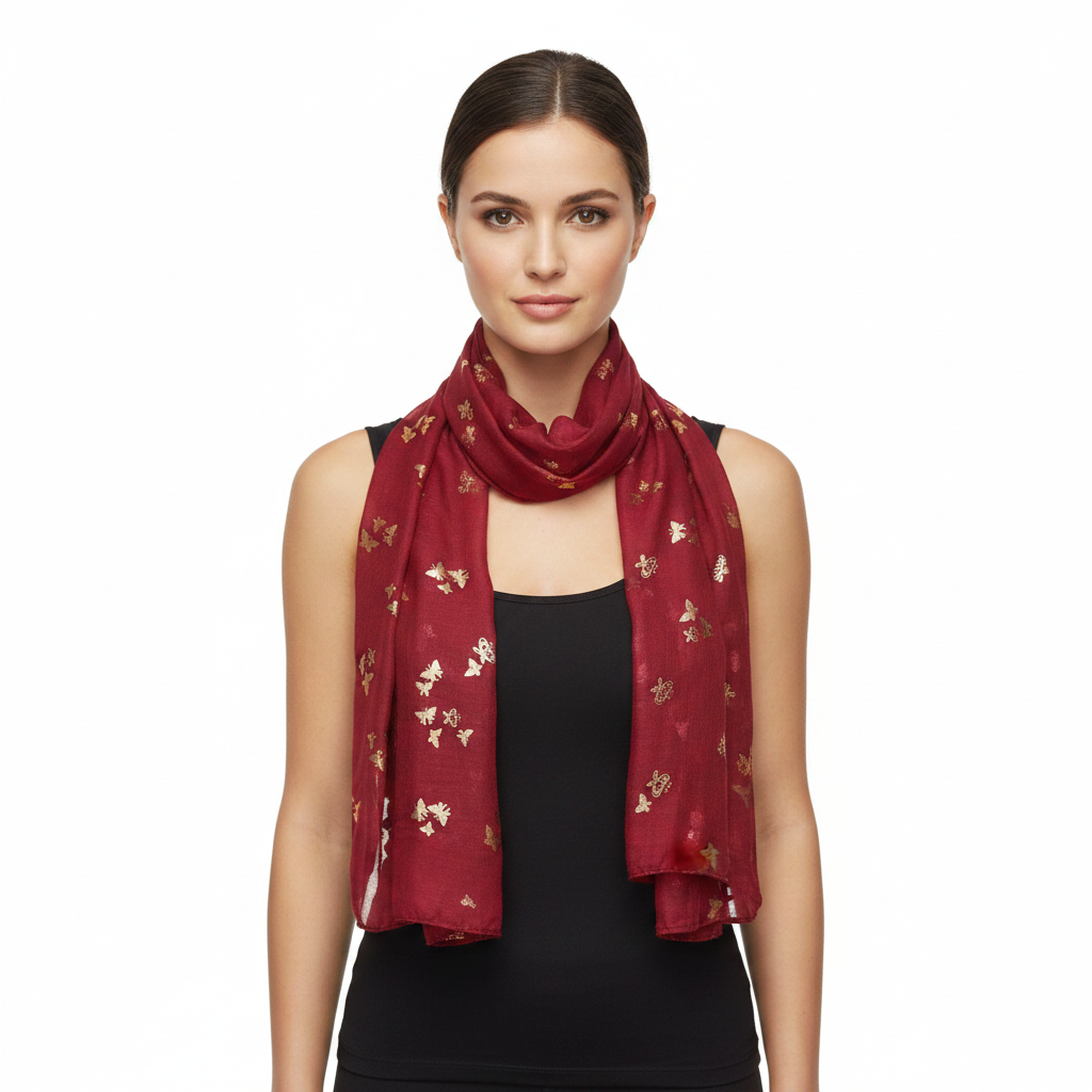 A red scarf with tiny gold foil butterflies printed throughout, displayed on a plain background.