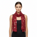 A red scarf with tiny gold foil butterflies printed throughout, displayed on a plain background.