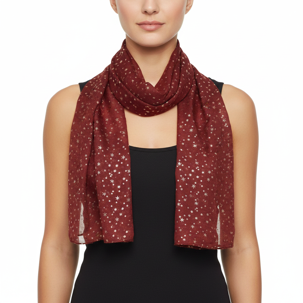 A red scarf with silver foil stars displayed on a white background.