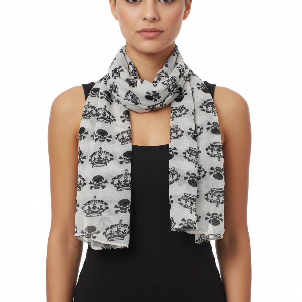 Reversible White Skull & Crown Print Scarf