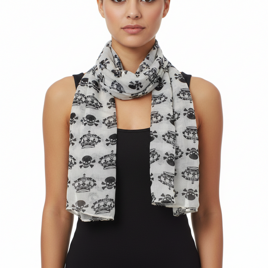Reversible White Skull & Crown Print Scarf
