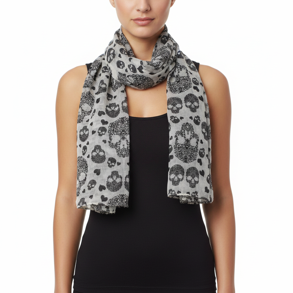 White Multi Size Skull & Heart Print Scarf