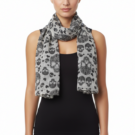 White Multi Size Skull & Heart Print Scarf