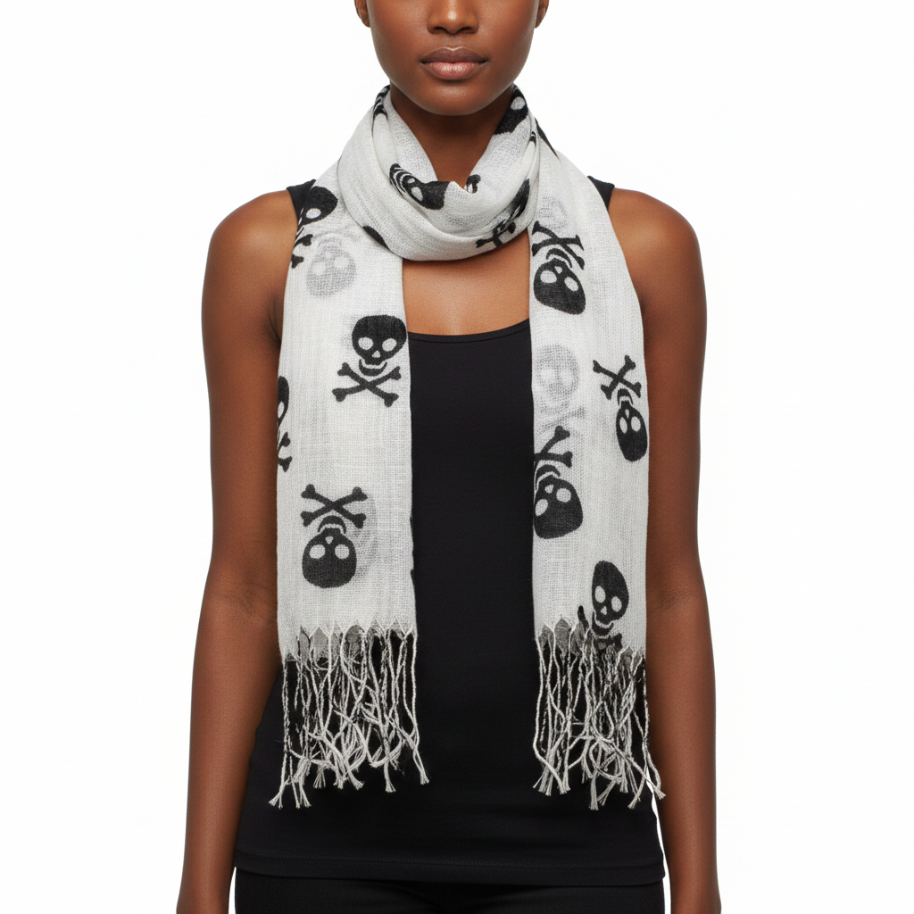 Black Skull & Crossbones Linen Look Scarf