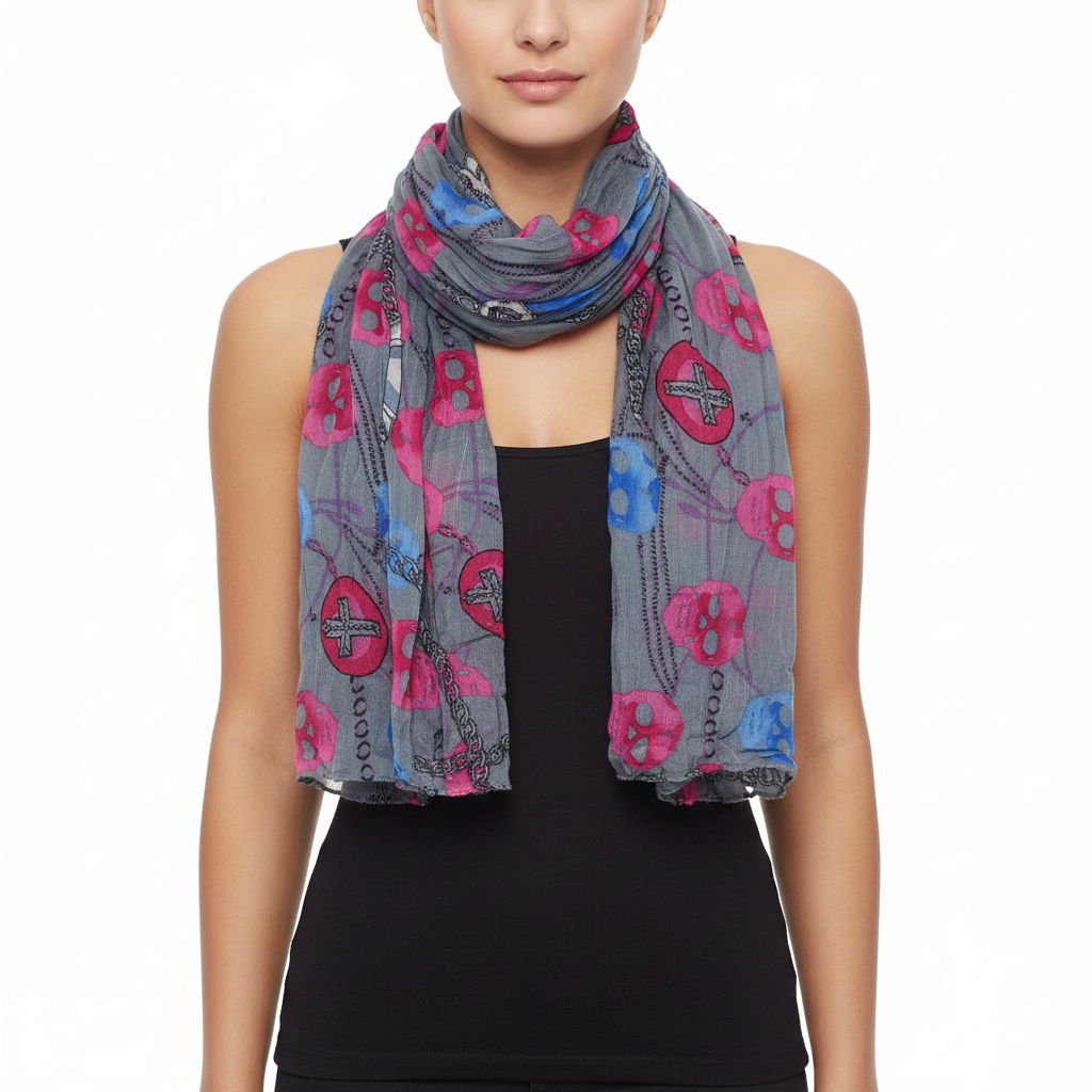 Chains, Crosses & Skull Print Wrinkled Scarf