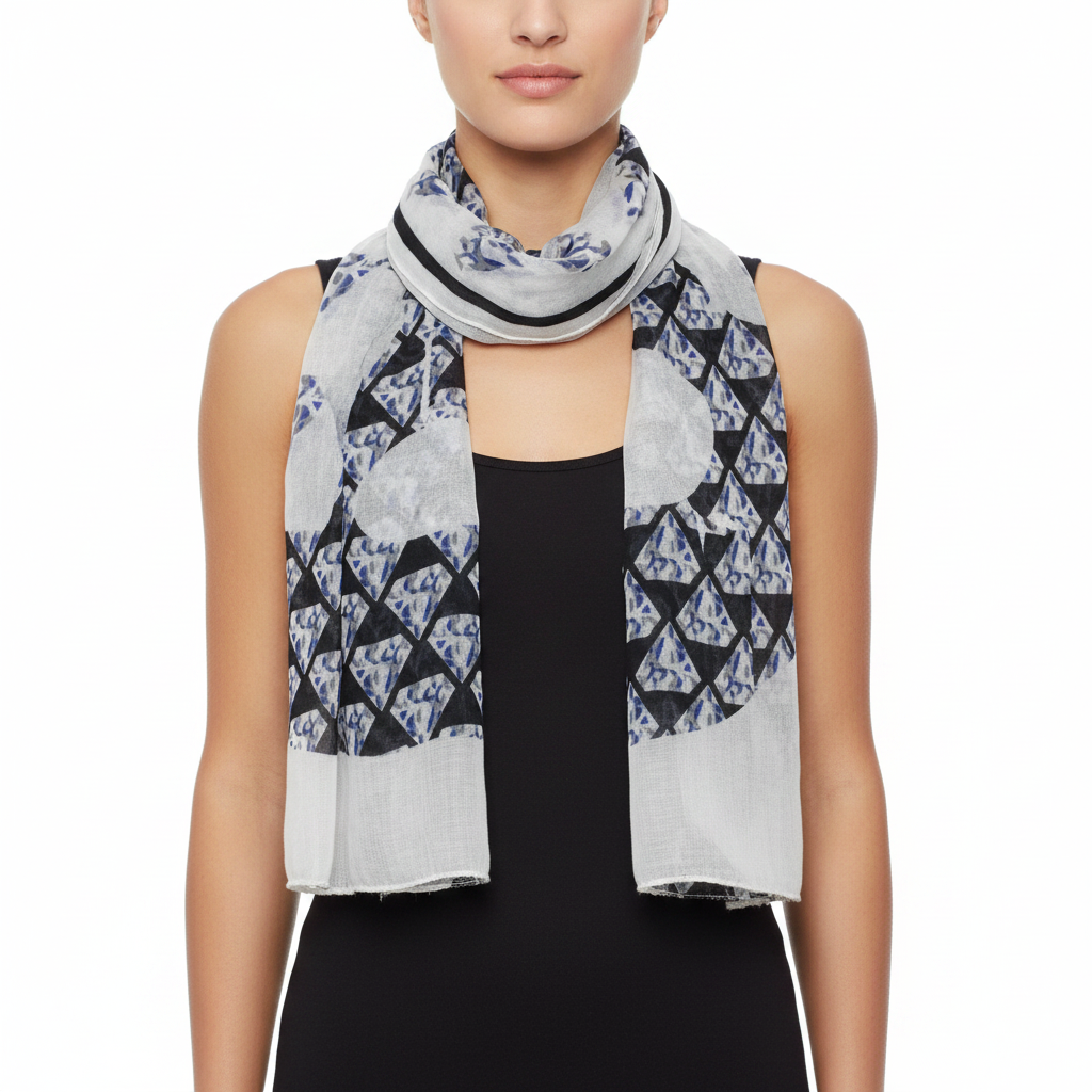 White Scarf with Very Large Diamond Print Black Skulls