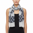 White Scarf with Very Large Diamond Print Black Skulls