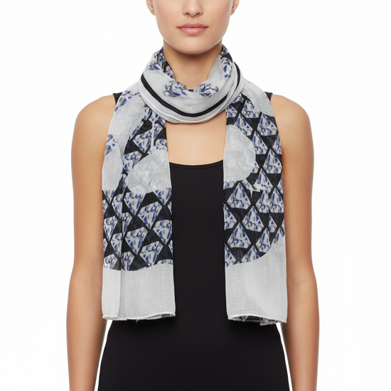 White Scarf with Very Large Diamond Print Black Skulls
