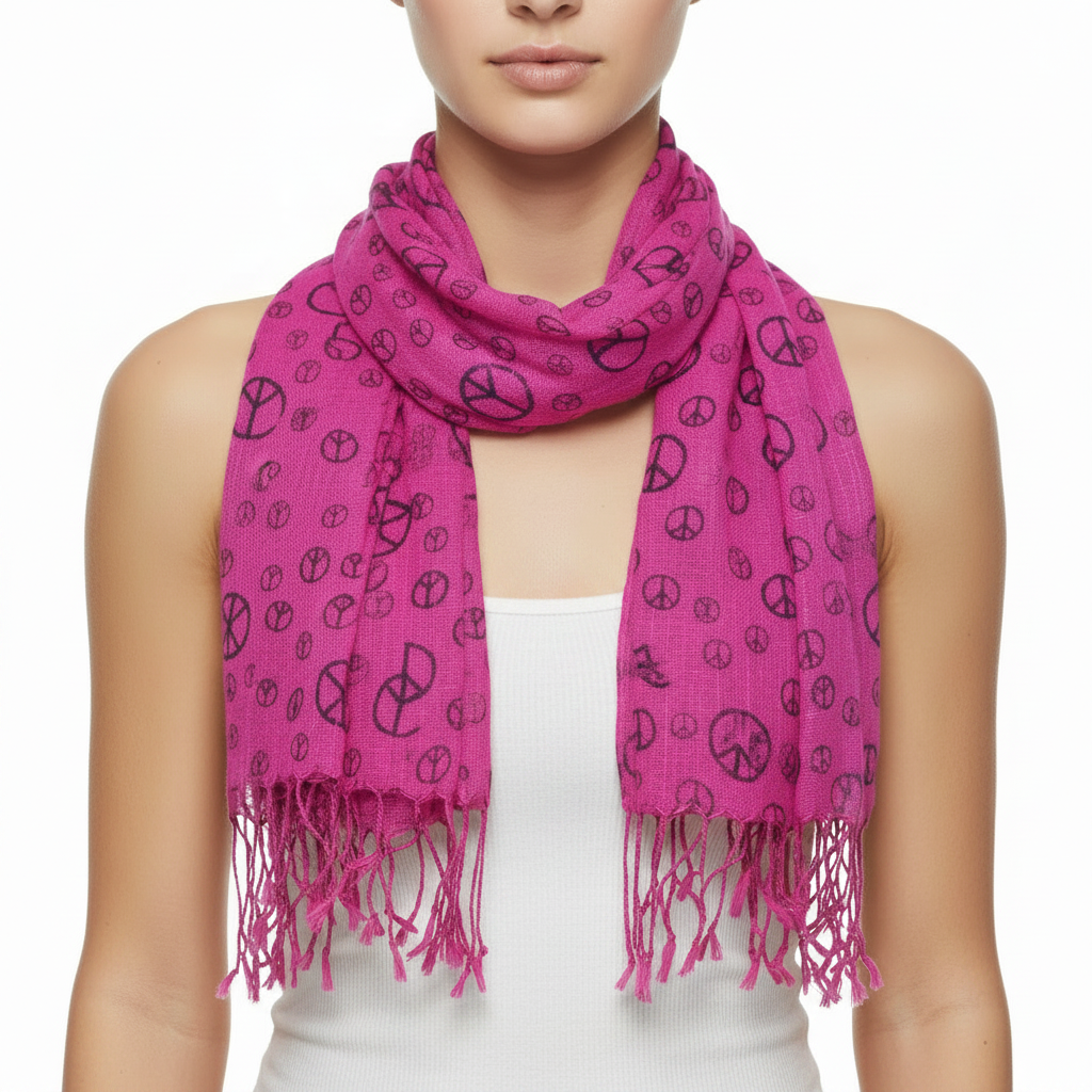 A pink scarf with black peace sign print and tassels