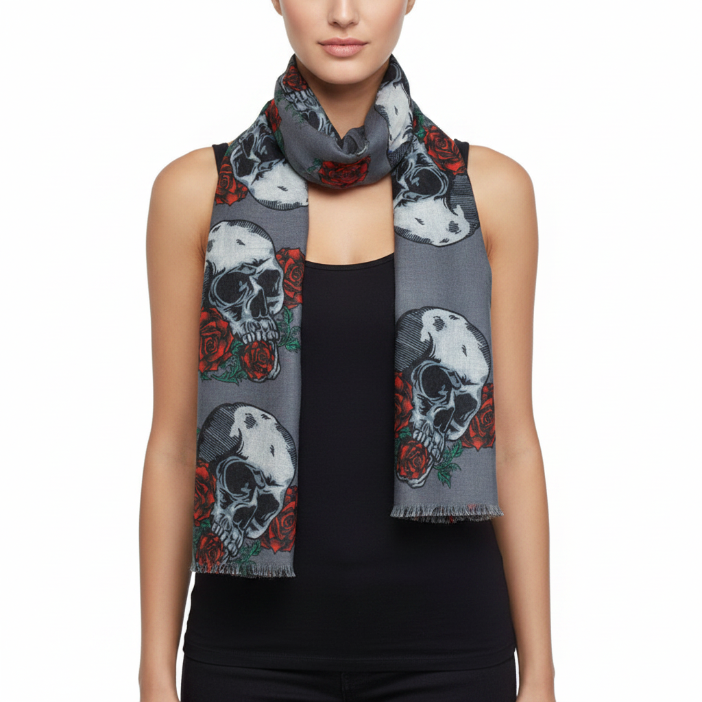 Gray scarf with skull and rose pattern on a white background