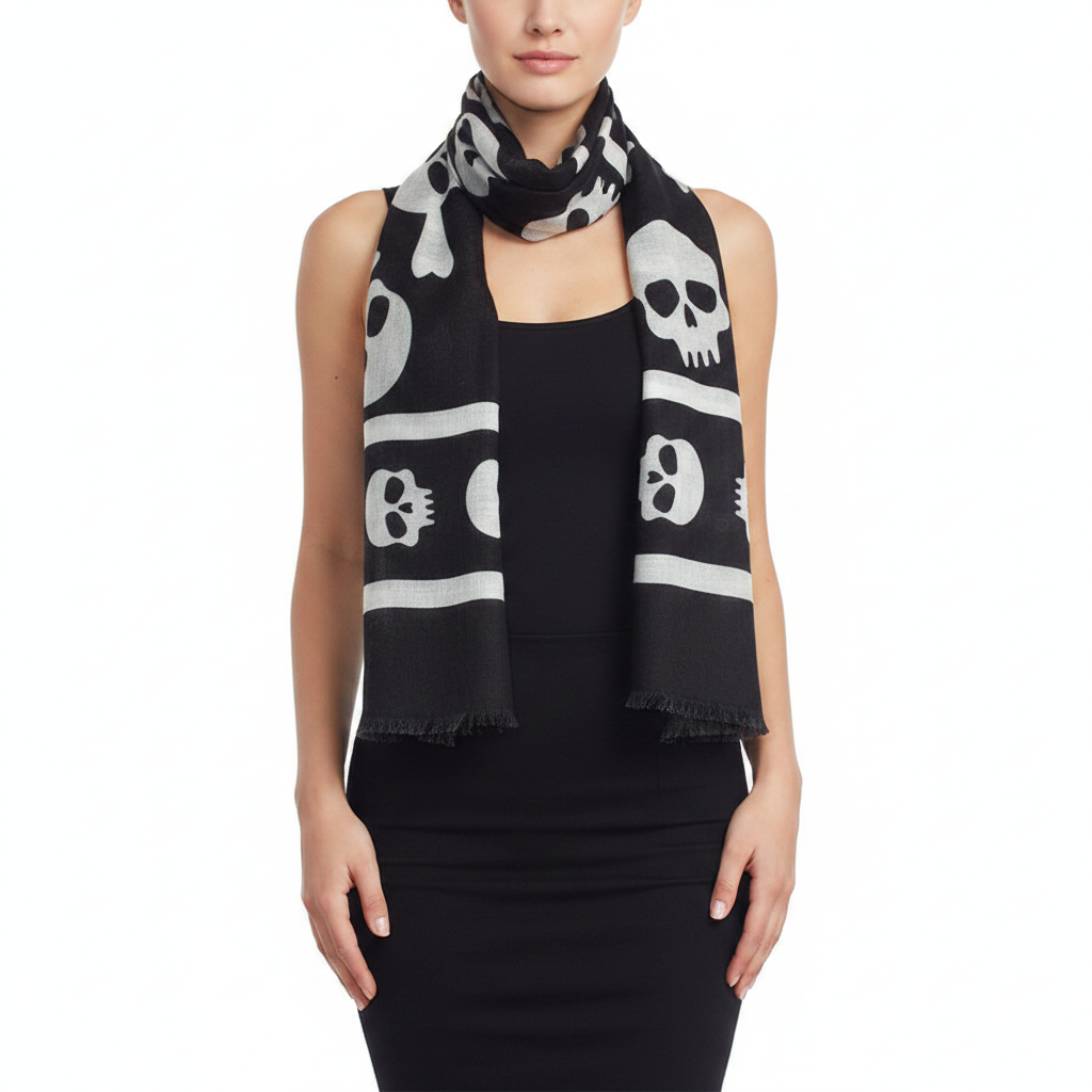 Black scarf with white skull patterns on a white background