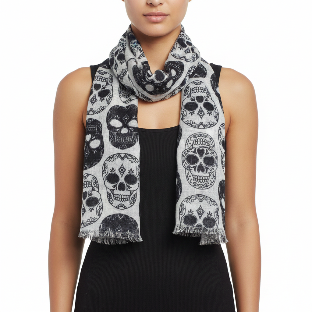 Scarf with black and white skull pattern on a white background