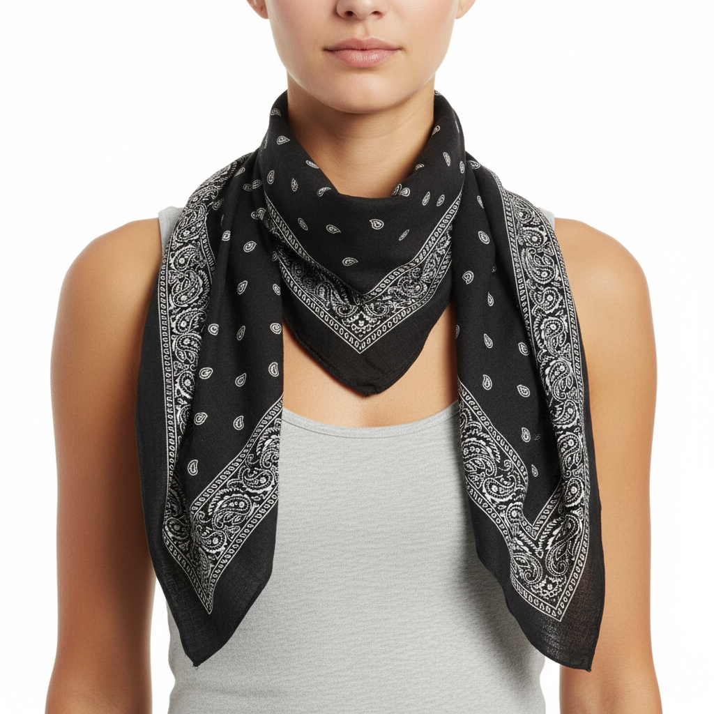 A black square scarf with a paisley print pattern.