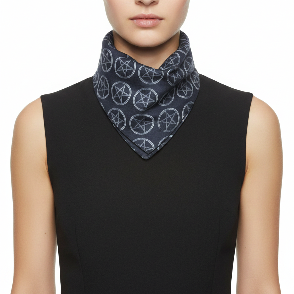 Person wearing a black sleeveless top with a patterned scarf around their neck on a white background