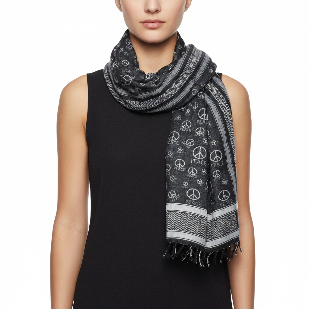 Person wearing a black and gray patterned scarf with peace signs on a white background