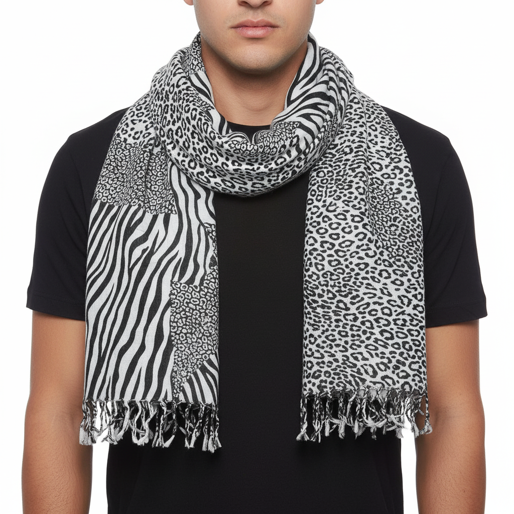 A square scarf with zebra and leopard print patterns, featuring tassels on the edges.
