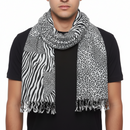 A square scarf with zebra and leopard print patterns, featuring tassels on the edges.