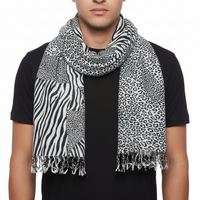 A square scarf with zebra and leopard print patterns, featuring tassels on the edges.