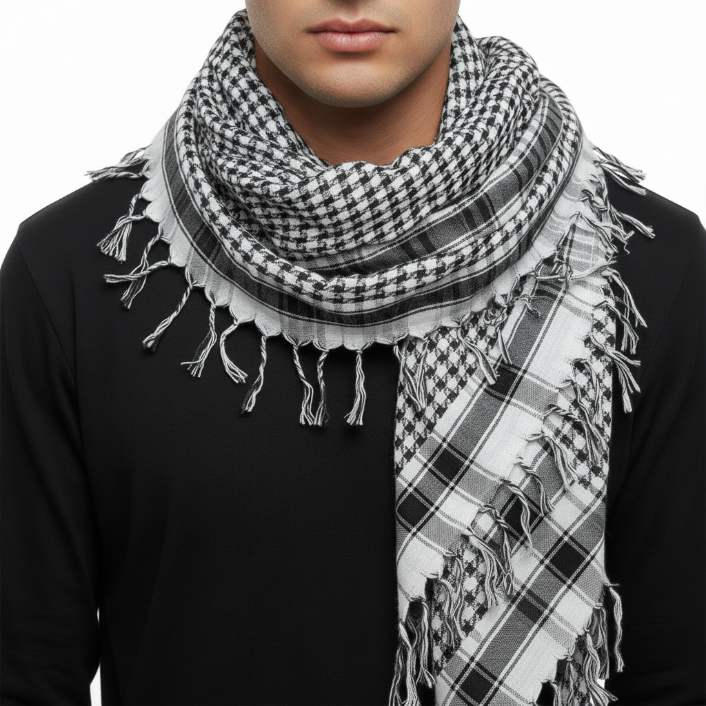 A black and white checkered square scarf with tassels on the edges.