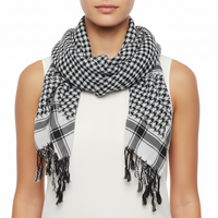 Person wearing a black and white checkered scarf on a white background
