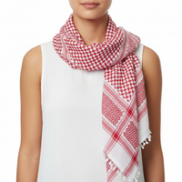 Person wearing a red and white checkered scarf on a white background