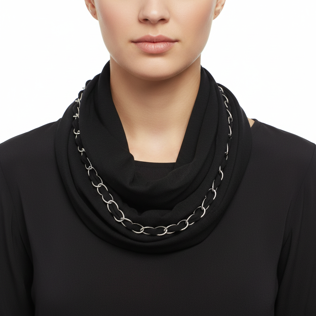A black snood with silver chain detailing