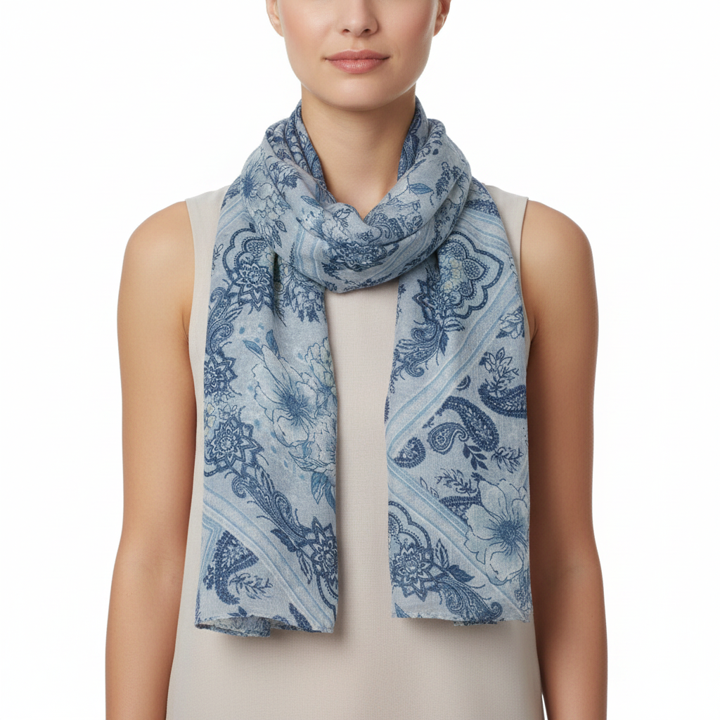 Blue patterned scarf on a white background